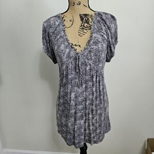 Kristin Davis Gray Print Dress Mini Short Sleeve Sweetheart Stretch Women Sz M